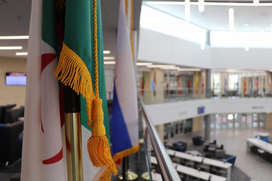 The Algerian flag, among close to 50 other flags, hangs over the library. ¨The flags actually represent all the countries of origin for our students and staff.¨ Rock Hill principal Daniel Toth said. The flags are meant to represent aspects of Rock Hill's diversity.  