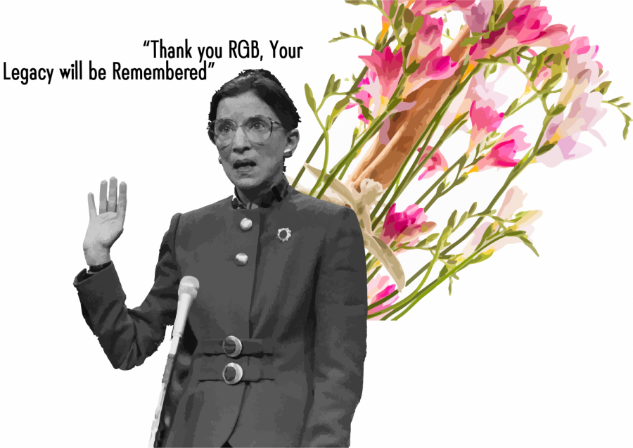 A depiction memorializing Ruth Bader Ginsburg in her passing sits in front of a a bouquet of Freesia, her favorite flower. Ginsburg died on September 18,  leaving questions about the future of the Supreme Court, and the rest of the country. "The U.S. lost a judicial icon and historic trail blazer," sophomore and columnist Shreya Srivathsan. "She was known for her tireless efforts of fighting for women's rights, race, gender equality and LGBTQ+ rights."