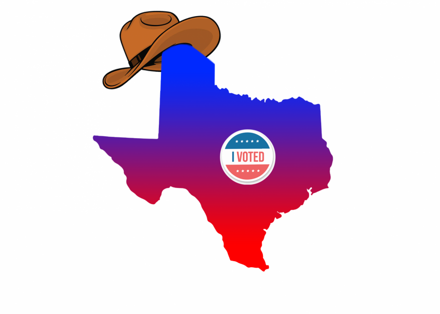 Geographical map of Texas, displayed as a political gradient, wears a cowboy hat and an "I Voted" sticker. Texas has long been seen as a a "red" state, but this year specifically puts that into question. "What this means is that students in Texas need to get involved now," senior and columnist Wesley Barrett said. "With Texas at the forefront of political issues, now is the time to get ready for the midterms in 2022, the presidential race in 2024, and beyond."