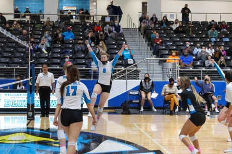 Senior Jenna Curran celebrates a score at volleyball's game Tuesday, Oct. 27. Volleyball will play again this Friday at 6 p.m. To stay up-to-date with Rock Hill events, read each week's Rock Hill Round-Up.