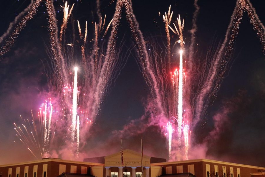 Fireworks shoot off the roof of Rock Hill High School during the inaugural Ribbon Cutting Ceremony. Student performers such as the Rockettes, marching band, cheer and orchestra performed at this community event. The Ribbon Cutting Ceremony was originally scheduled for August, but was postponed due to COVID-19 concerns.