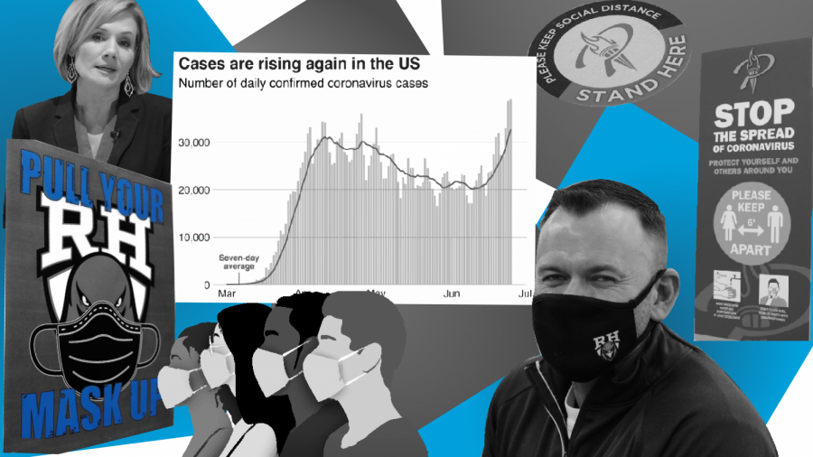 A graphic depicts RHHS COVID-19 measures, as well as the increasing U.S. case load. While the school has created a number of policies, columnist Wesley Barrett calls for more solutions. "There was a solid system prior to the changes," Barrett said. "After getting quarantined despite having a negative test, I know personally that it was not fun, but practices of over-caution prevent outbreaks from spiraling out of control."