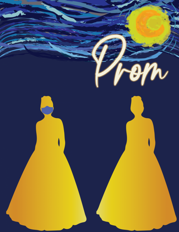 A graphic by Harvey Watkins depicts the prom theme, "Starry Night,"  with masks. Prom will not require masks in the banquet room. "Without masks, prom is inherently a risk for an outbreak," reporter Wes Barrett said. "Earlier this year, Prosper ISD rationalized rolling back quarantine measures by arguing that the school could quarantine smaller of pods of people to minimize disruption. This logic will not work for prom."