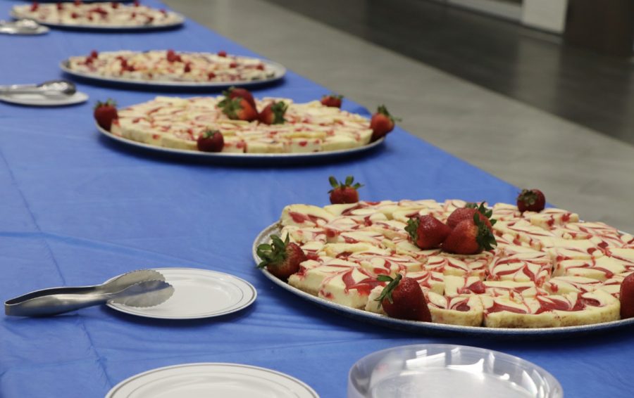 Plates of refreshments sit on a table at the Top 10 percent banquet for graduating seniors. The event honored students whose rank fell in the top 10 percent of their class. Parents attended the event that was held in the school cafeteria.