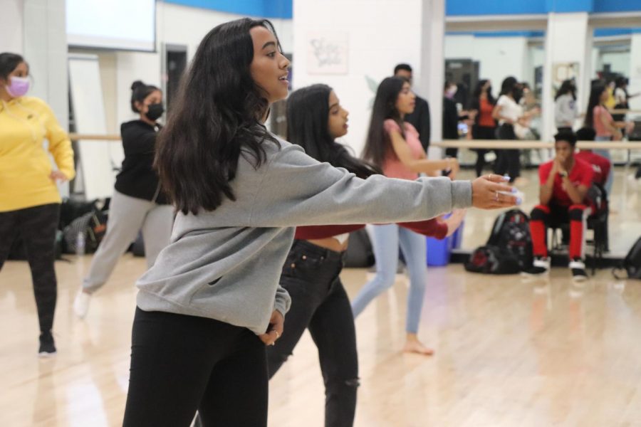 Bollywood dancers teach the choreography for "O Saki Saki" to interested members. 