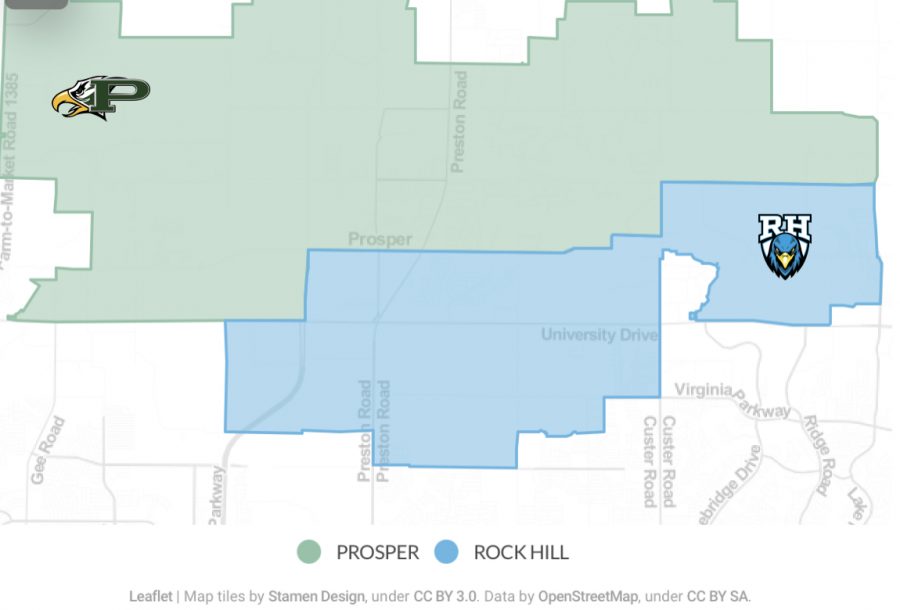 In a graphic created by Stamen Design and published on Prosper ISDs website, showcases the district zone lines for Rock Hill High School and Prosper High school respectfully. “We’re in a unique spot here at Rock Hill,” social studies teacher Frederick Nickens said, “our address is Frisco, we’re a Prosper school, and most of our kids live in McKinney.” Several students at RHHS spoke of concern regarding the term redistricting, and its relationship to the rezoning being done in Frisco ISD. 