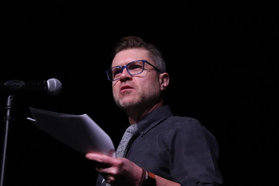 Co-Founder and Executive Director of AAHSFF, Tom Oliva, speaks to high school film students from the Prosper High School auditorium stage. "I fight for student filmmakers. You guys are the future of film," Oliva said. The Roadshow means to encourage young students to tap into their creativity.