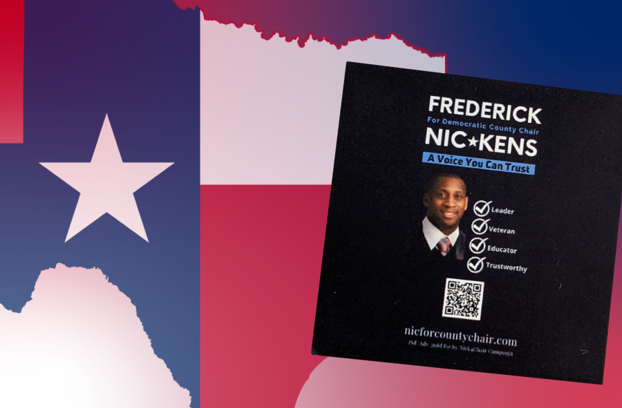 On-campus social studies teacher Mr. Fredrick Nickens runs for the Democratic county chair for Collin County. Featured is a graphic created by Riley Gillum combined with Nickens's campaign poster, which is inspired by his campaign of being a new voice for the community. "Local elections and voting are the foundation of our democracy and are often overlooked," Ms. Bruns, a neighboring social studies teacher, said.   
