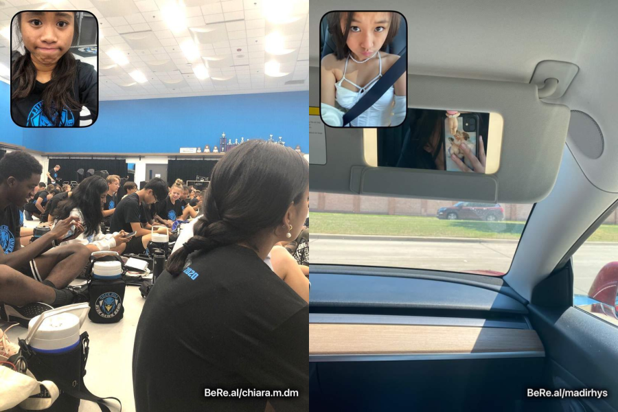 A compilation of RHHS sophomores Chiara Damommio and Madison Martinezs BeReal photos shows the function of the app. Dammomio takes a picture while at band practice, and Martinez takes one in her car.