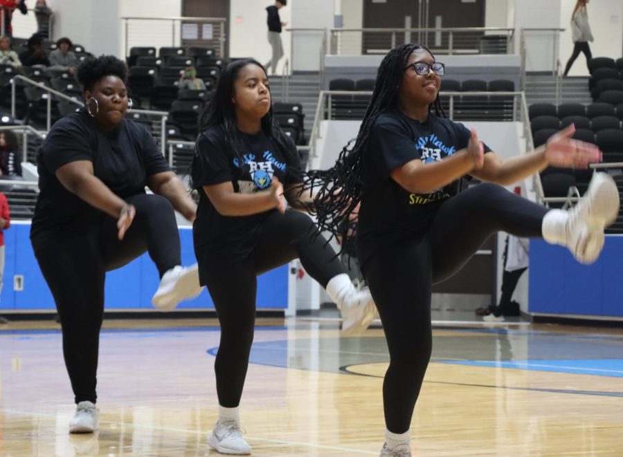 The three step dancers, senior Deja Alexander, freshman Autumn Goree, and junior Kyla Anderson perform their unique routine in sync. "I wouldn't say ritual, but we always take the time to pray amongst ourselves and our team," Anderson said. "We know that we are all here because of God and it eases our nerves before we perform." As part of this basketball game's halftime show, the "Elite Hawk Steppers" performed a fantastic performance. 