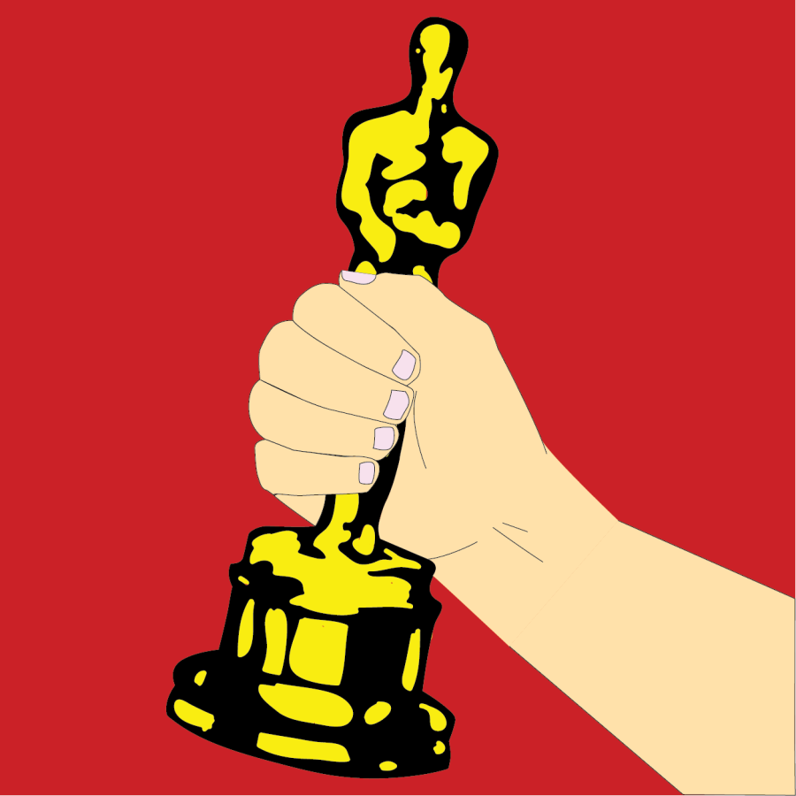 A digitally constructed image made by Hill Top Times graphic designer, Meghana Kakani depicting an Oscar being held up in celebration.