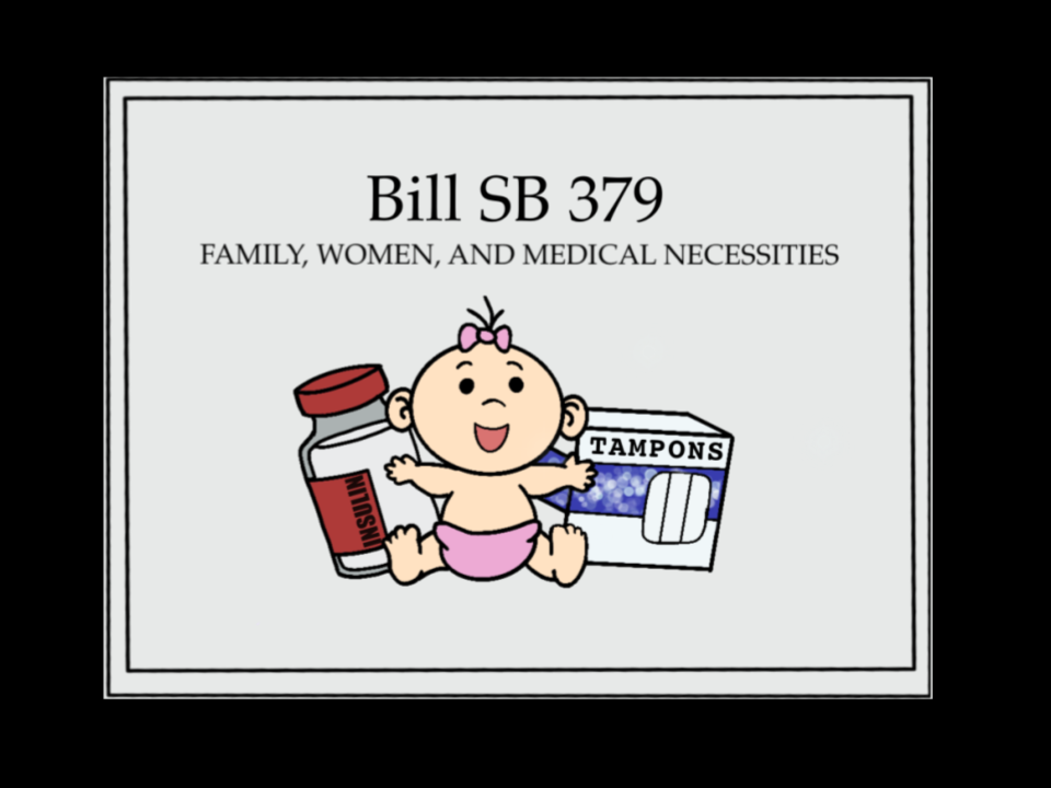 A digitally constructed image created by senior Dana Garcia, showcases some of the items listed on Bill SB 379. "We have a lot of single mothers and struggling families in society, and by reducing these taxes, it's helping out with medical, family, and menstrual necessities," senior HOSA president Bindu Upadrashta said. "It's a good side of change." 