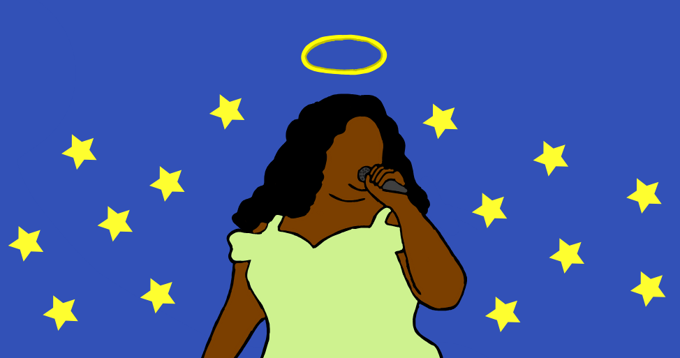 A digitally constructed image by junior Tolu Oyesanya depicts pop singer Lizzo with a halo above her, representing celebrity idealization. Lizzo is well known for her song Truth Hurts.