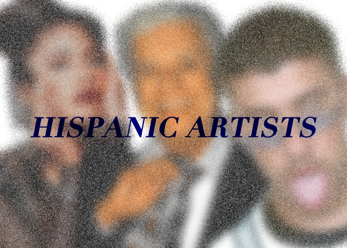 A graphically-constructed image by Camila Ortiz-Calderon depicts musicians Selena, Tito Puente, and Bad Bunny. These arists made significant contributions to the music industry.