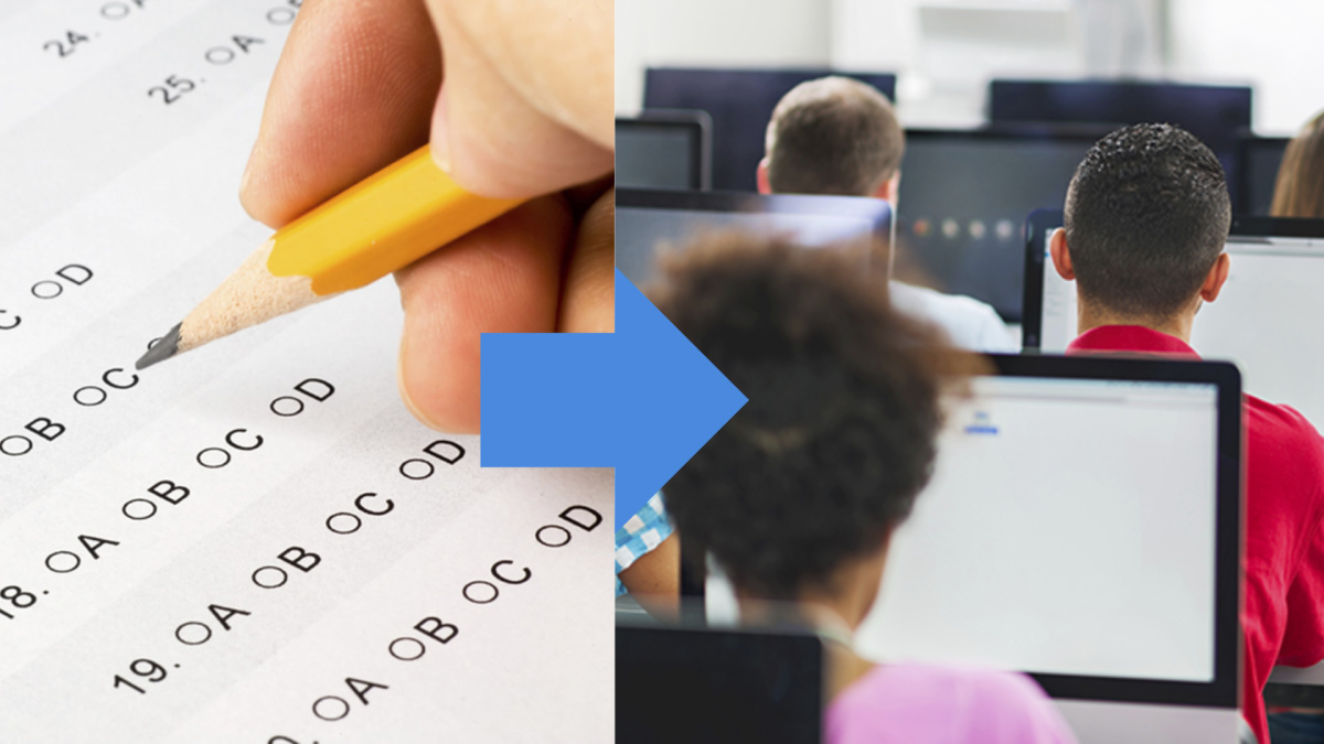 A digitally constructed image shows the transition from the paper-and-pen SAT to the digital SAT. I think having a fully digital SAT, in a lot of ways, does make it more accessible for students, junior William He said.