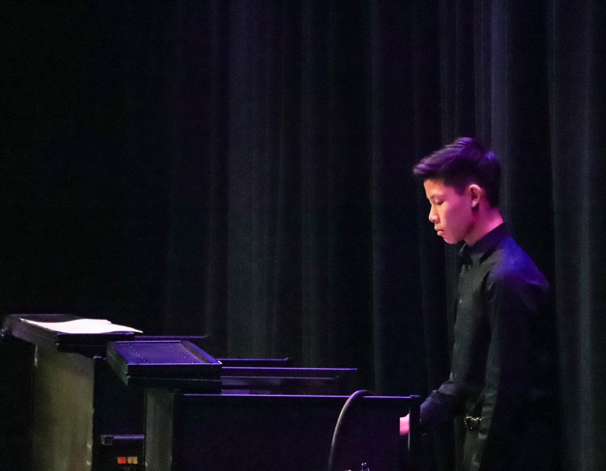 Freshman Elisha Chiu performs as the synthezier player for three percussion ensembles, including Bossa Nova Baby in which was remixed by Mr. Chris Retschulte. “This piece was not only entertaining but also set the tone for the entire concert when we performed it first,” Chiu said, “the energy it radiated was infectious, compelling everyone in the audience to either move to the rhythm or sing along."