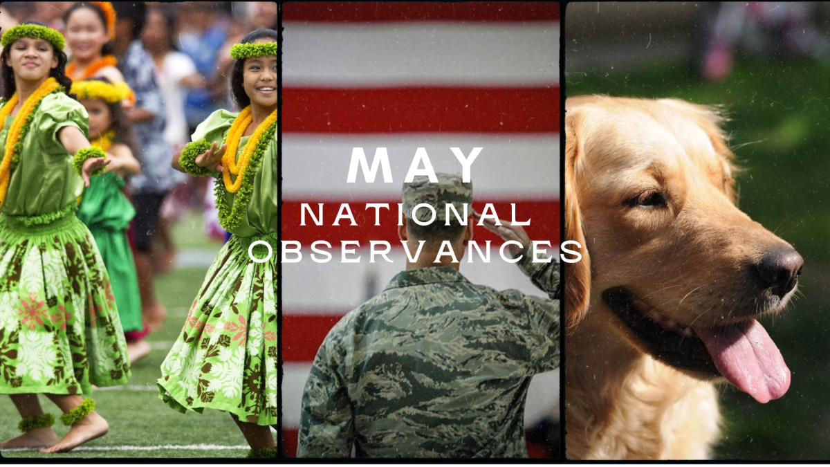 A digitally constructed image represents three of May's national observances: Asian American and Pacific Islander Heritage Month, Military Appreciation Month, and National Pet Month.