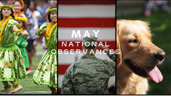 A digitally constructed image represents three of Mays national observances: Asian American and Pacific Islander Heritage Month, Military Appreciation Month, and National Pet Month.
