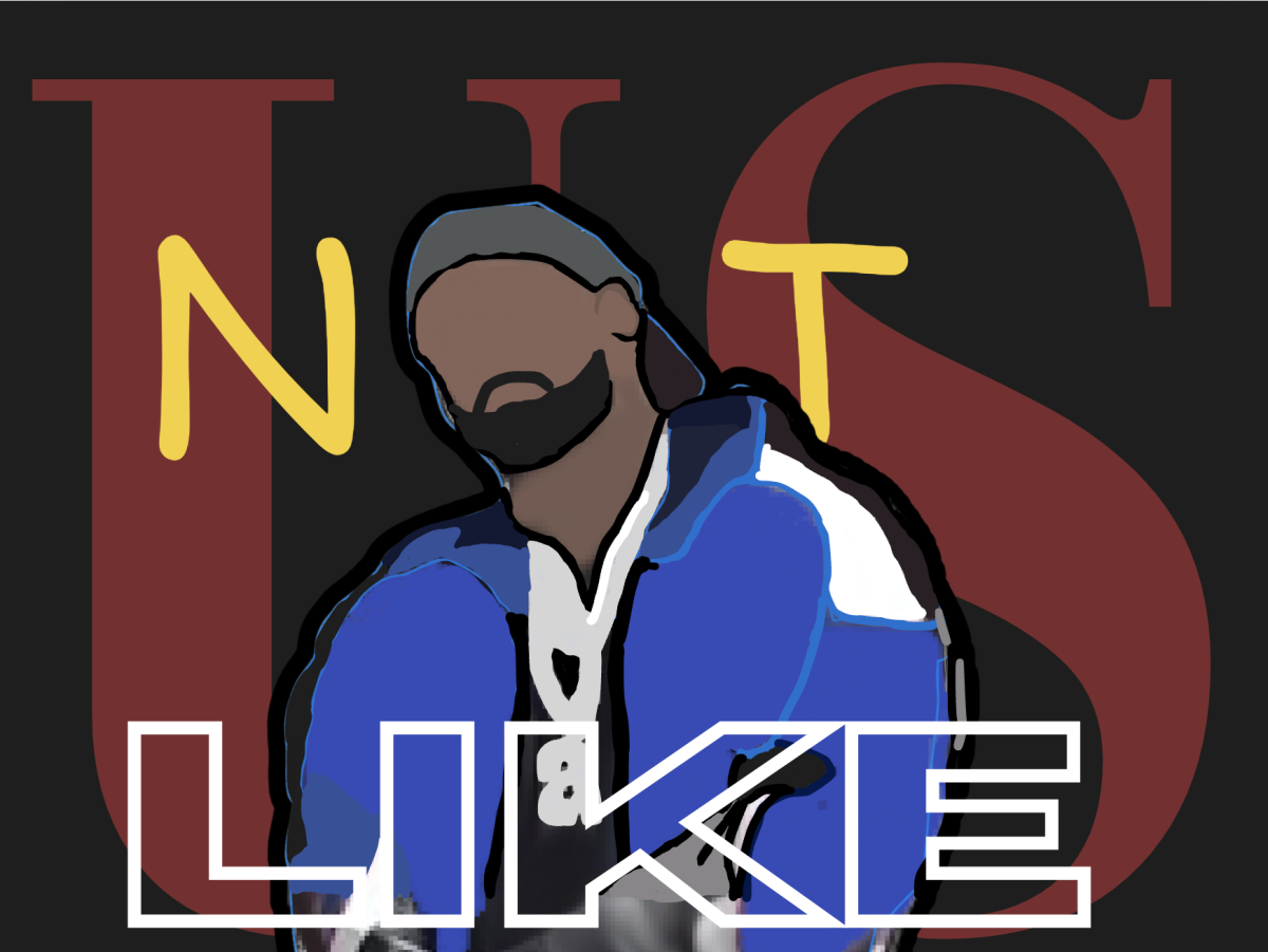 A canva graphic, showcasing Kendrick Lamar's Halftime performance outfit, with the words "Not Like us," representing his song.