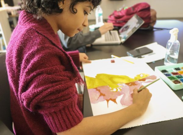 Senior Elizabeth Hill uses gouache to create a painting in her AP 2-D Art and Design class, carefully applying each brushstroke. "I've become less stressed from working on my pieces and trying to be the best of the best," Hill said. "I've been content to just draw or paint."
