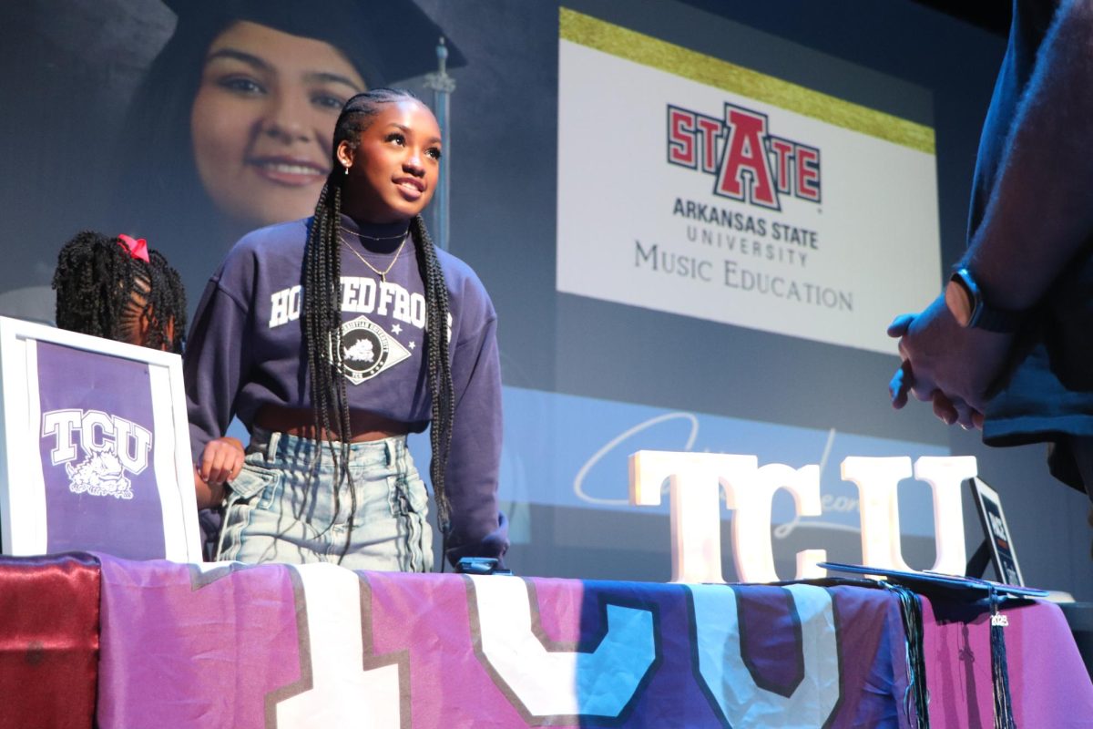 At her table decorated with Texas Christian University memorabilia, Trinity Rogers speaking to friends and family. "Something I look forward to most going to TCU in the fall is growing as a Christian and making lifelong friendships with the people on my team." Rogers said. 