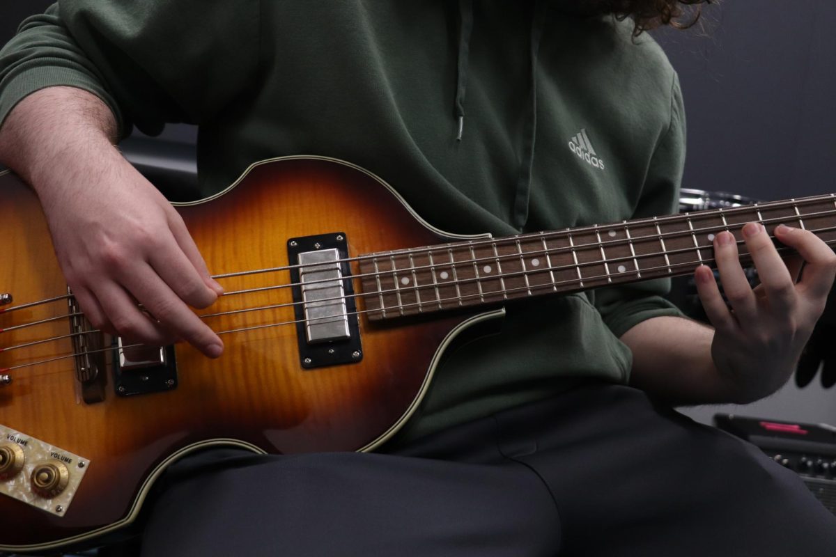 A close-up of senio bassist Jacob Sloan's instrument.