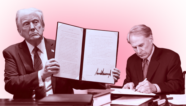 Graphic of President Donald Trump posed with a signed executive order and Governor Greg Abbott signing the TRAIGA. (Mandel Ngan / AFP - Getty Images, Office of Governor Greg Abbott)