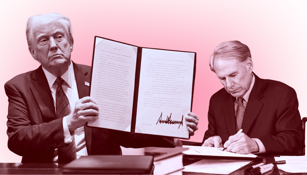 Graphic of President Donald Trump posed with a signed executive order and Governor Greg Abbott signing the TRAIGA. (Mandel Ngan / AFP - Getty Images, Office of Governor Greg Abbott)