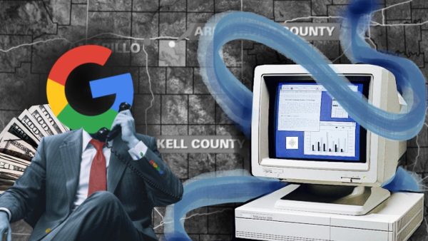 Graphic depicting a characterization of Google across from a computer, set in front of a map of North Texas. 