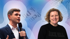 Graphic depicting State Representative James Talarico on the left and AP History teacher Mandy Murphy on the right.