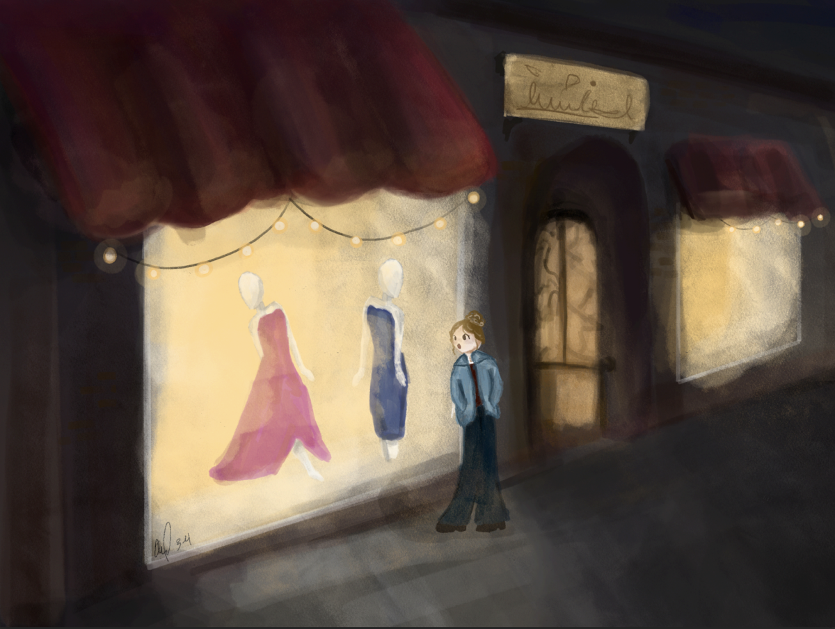 Artwork depicting a shopper looking at a prom store window.