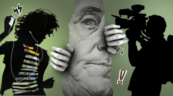 Graphic depicting a silouhette listening to music on the left and another silouhette with filming equiptment on the right. Behind the figures is the face on a dollar bill creeping through the background.