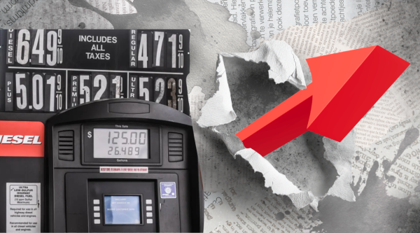 Graphic depicting a gas pump with the hiked prices on the left and a large upward arrow coming out of the background on the right.